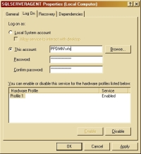 Рис. 3. Настройка учетной записи для службы SQLSERVERAGENT