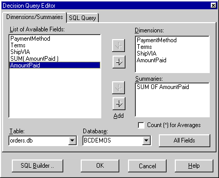 Редактор свойств компонента TDecisionQuery