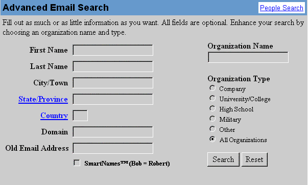 Шаблон расширенного поиска службы Four11 на Yahoo