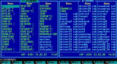 Вид экрана файловой оболочки Volkov Commander с включенными панелями