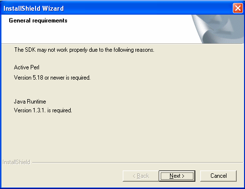 Рис.2 Окно с предупреждением о некорректной работе SDK по причине отсутствия некоторых компонентов