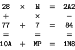 \begin{displaymath}
\begin{array}{ccccc}
\texttt{28} &
\times &
\texttt{Ы} & ...
...ttt{10А}&
+ &
\texttt{МР} &
= &
\texttt{1М8}
\end{array}
\end{displaymath}