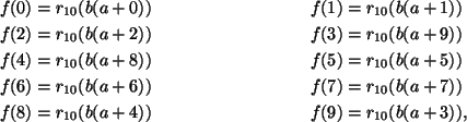 \begin{align*}
& f(0)= r_{10}(b(a+0)) & &f(1)= r_{10}(b(a+1))\\
& f(2)= r_{10...
...r_{10}(b(a+7))\\
& f(8)= r_{10}(b(a+4)) & &f(9)= r_{10}(b(a+3)),
\end{align*}