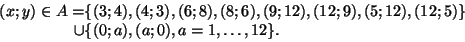 \begin{displaymath}
\begin{split}
(x;y)\in A =&\{(3;4),(4;3),(6;8),(8;6),(9;12),...
...12;5)\}\\
\cup&\{(0;a),(a;0), a={1,\dots,12}\}.
\end{split}
\end{displaymath}